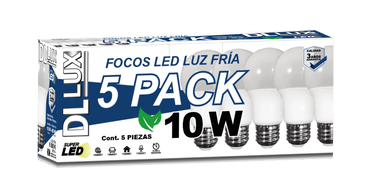 FOCO DL LUX 10W LUZ FRIA PACK 5PZ. TIPO A LED A BULBO